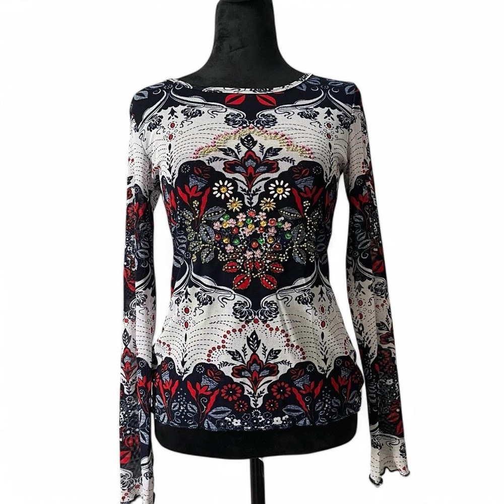 NWT Deadstock Y2K 2000s Beaded Lettuce Trim Mesh Top